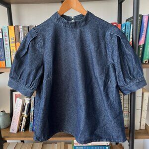 Who What Wear Denim Mock-Neck Puff Sleeve Top ~ Size Medium